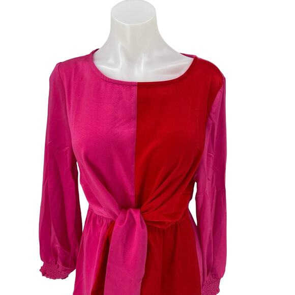 Oddy NWT Pink Red Satin Two Tone Colorblock Tie Front Long Sleeve Midi Dress L - Picture 5 of 7